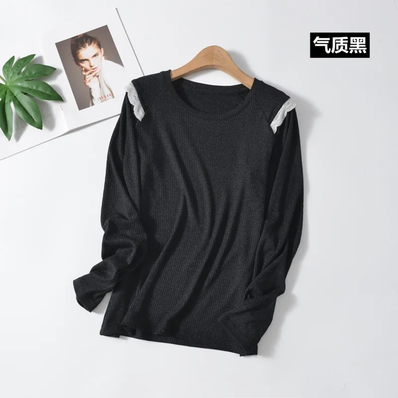 Korean version loose shoulder lace stitching long sleeve t-shirt black