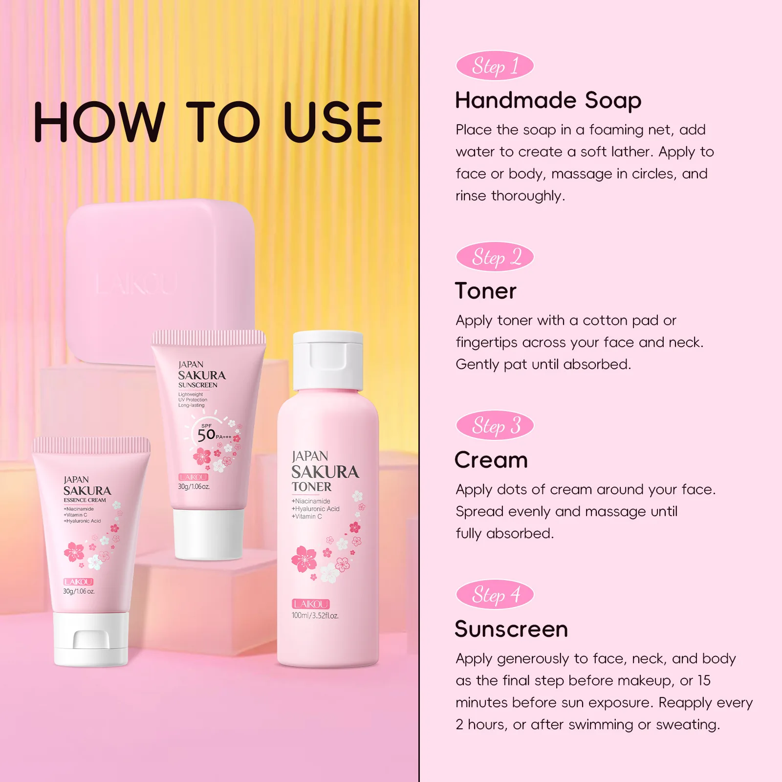Набор для ухода за кожей LAIKOU Sakura, 4 предмета: осветляющий комплект для лица с мылом, тоником, кремом и солнцезащитным кремом, полный ежедневный уход, 100 мл + 50 мл + 30 г (art.: 3920d981ac76a) - 3920d981ac76a