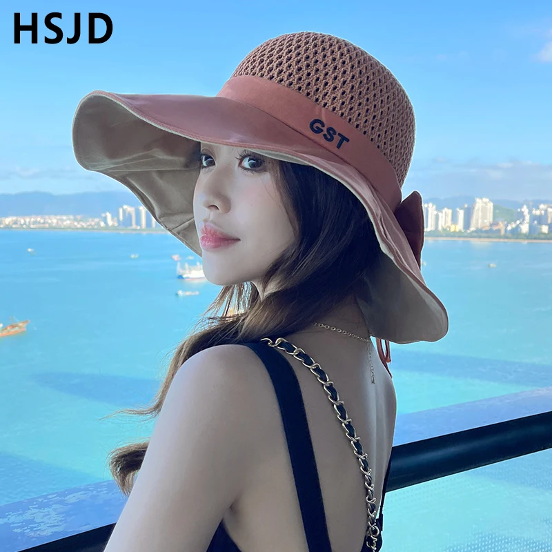 Шляпа от солнца с бантом и широкими полями женская складная пляжная Панама