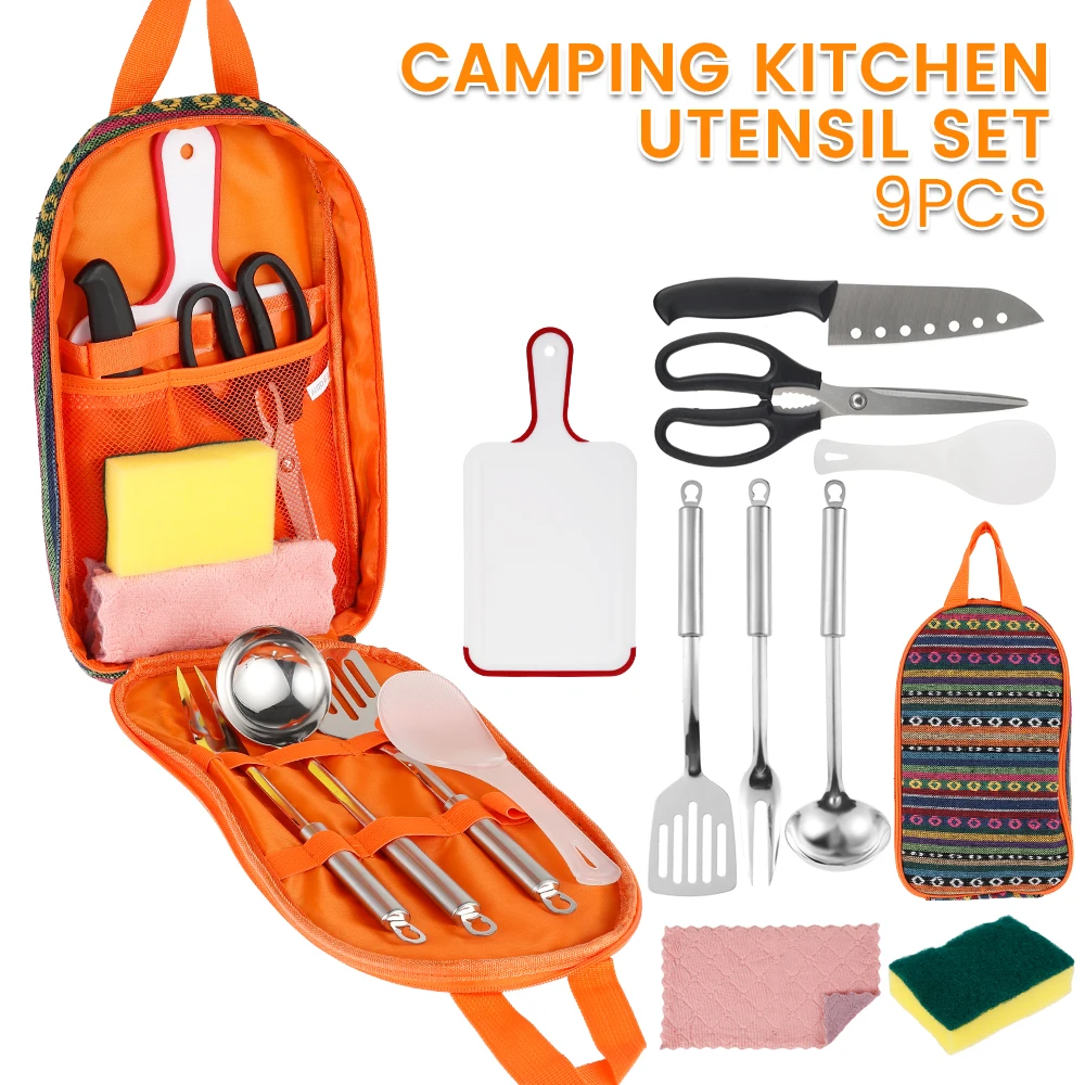 

L 9Pcs Camping Kitchen Utensil Set Outdoor Camping Cookware Set Portable Travel Organizer Grill Accessories Camp Kitchen