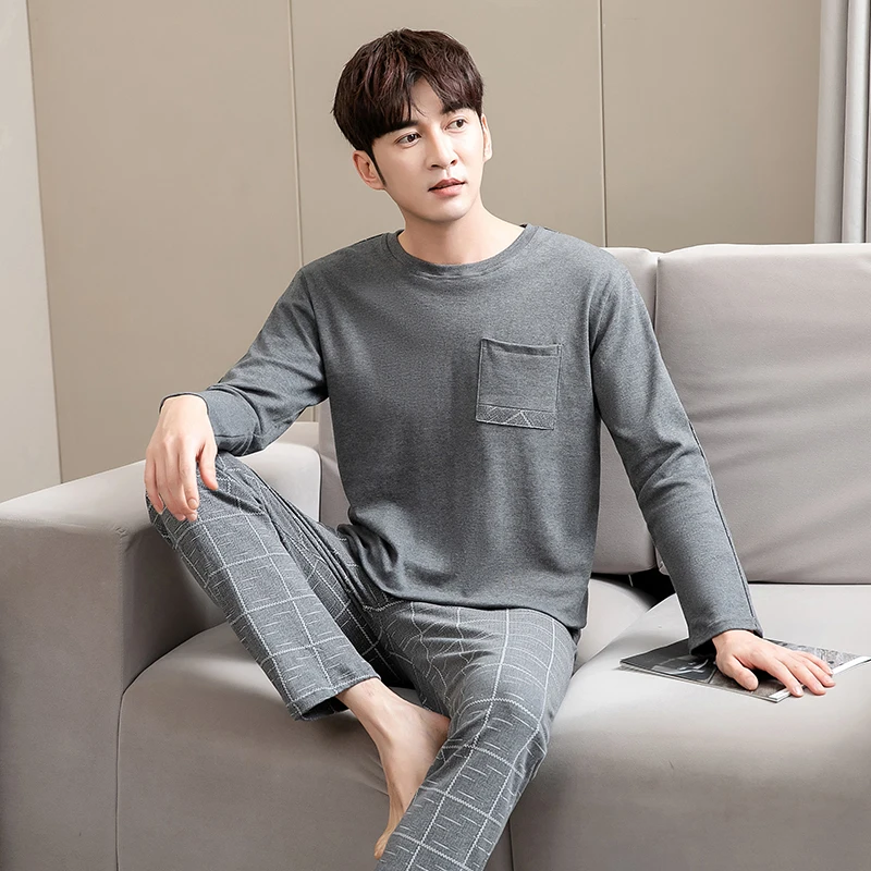 

Pajamas Man Plus Size M-4XL Pijamas Long Sleeved Homewear Leisure Nightwear Men Gray Home Clothing