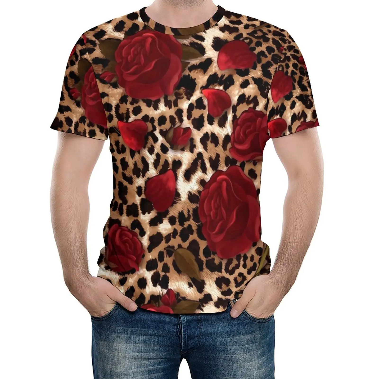 

Леопардовая футболка с цветочным принтом; Модные футболки с принтом красной розы; Футболка с короткими рукавами и графическим принтом; Прямая поставка; Летние футболки с эстетическим размера плюс