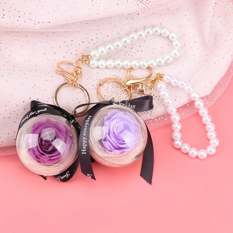 

Romantic Couple Keychains Eternal Rose Flower Transparent Pendant Lady Cute Charm Key Ring For Car Bag Holder Love Guest Gift