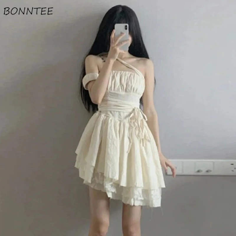 

Sleeveless Dresses Women Elegant Sweet Sexy Fashion Casual Folds Solid Asymmetrical Mini Design Retro Summer Платье Женское Chic