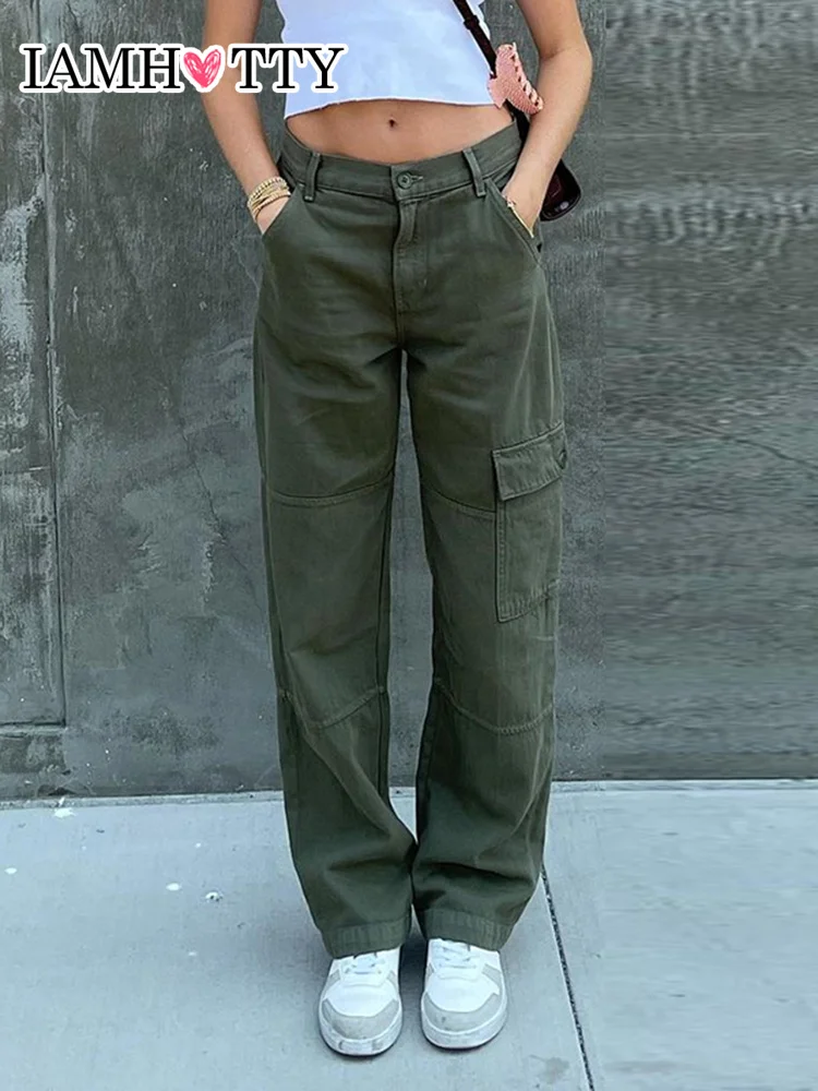 Уличный стиль зеленые женские джинсовые брюки с завышенной талией джинсы-карго