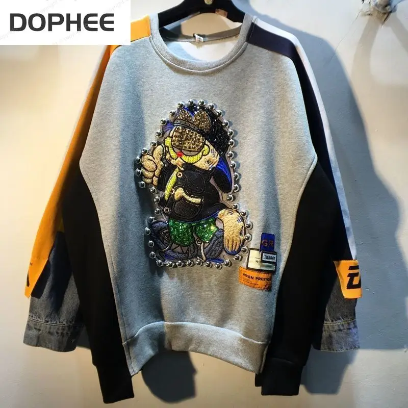 

2022 New Spring Autumn Women Pullovers Sweatshirt Loose Top Flocking Diamonds Sequins Colorblock Denim Long Sleeve Hoodie O-neck