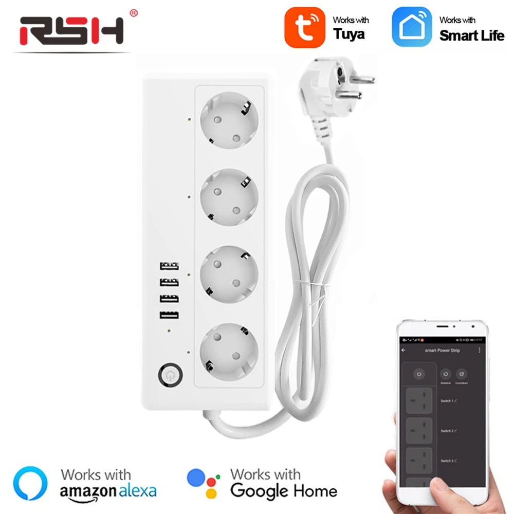 

RSH Tuya Wifi Smart Power Strip Plug 4 EU Socket Outlets With 4 USB Port Timing Voice Control Works With Alexa Google Assistant