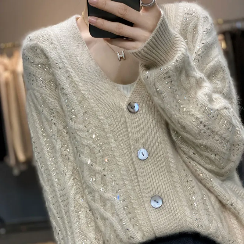 New 100% Australian Sweater Women's Thickened V-neck Cardigan With Diamonds In Autumn And Winter High End Fashion Top Coat enlarge
