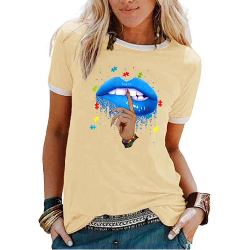 

Summer Short Sleeve Splice Casual T-Shirt Women O-Neck Tops 2022 New Sexy Color Lips Printed T-Shirt Fashion Lady Pullover Tops
