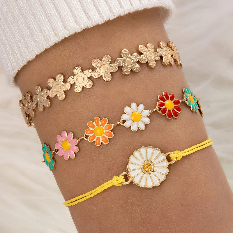 Docona  Bohemian Floral Chain Bracelet Colorful Oil Dropping Daisy Three Piece Set Cord23363
