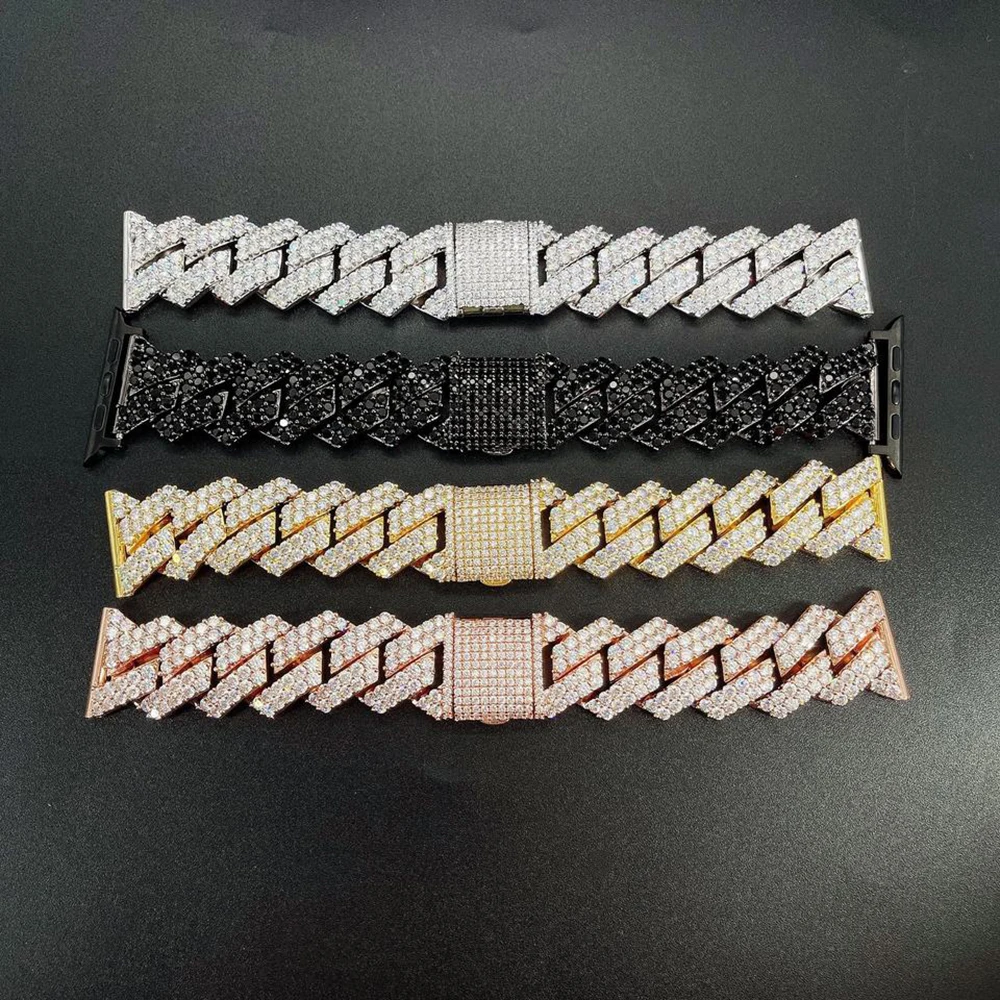 Moissanite Appl* Watch Strap and Cover Set 38mm 40mm 44mm Full S925 Silver Diamond Can Pass Diamond Tester Wrist Hand Chain GRA