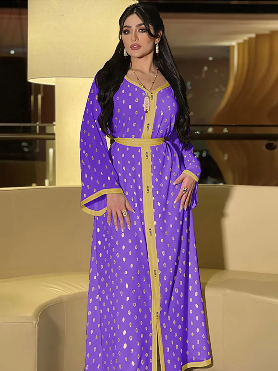 

Eid Mubarak Fashion Muslim Dubai Abaya Dress Women Purple Polka Dot Gold Arabic Djellaba Moroccan Kaftan Turkish Islamic abayas