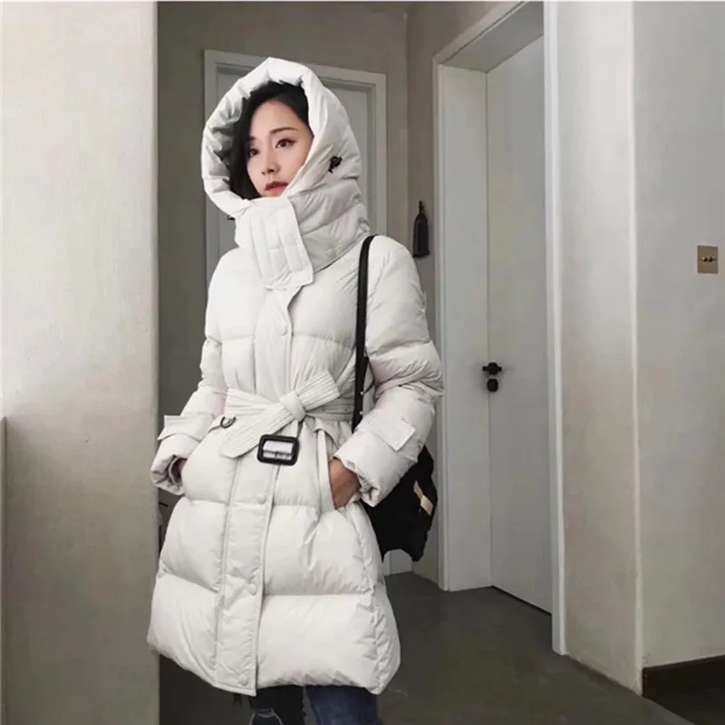 Casual Hooded Women Down Jacket Coat Long Thick Warm Belt 90% White Duck Down Jacket Ladies