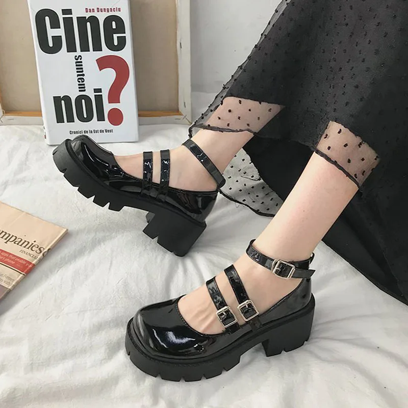 

Rimocy Spring Thick Heels Platform Mary Janes Women Sweet Lovely Ankle Strap Lolita Shoes Woman Patent Leather High Heels Pumps