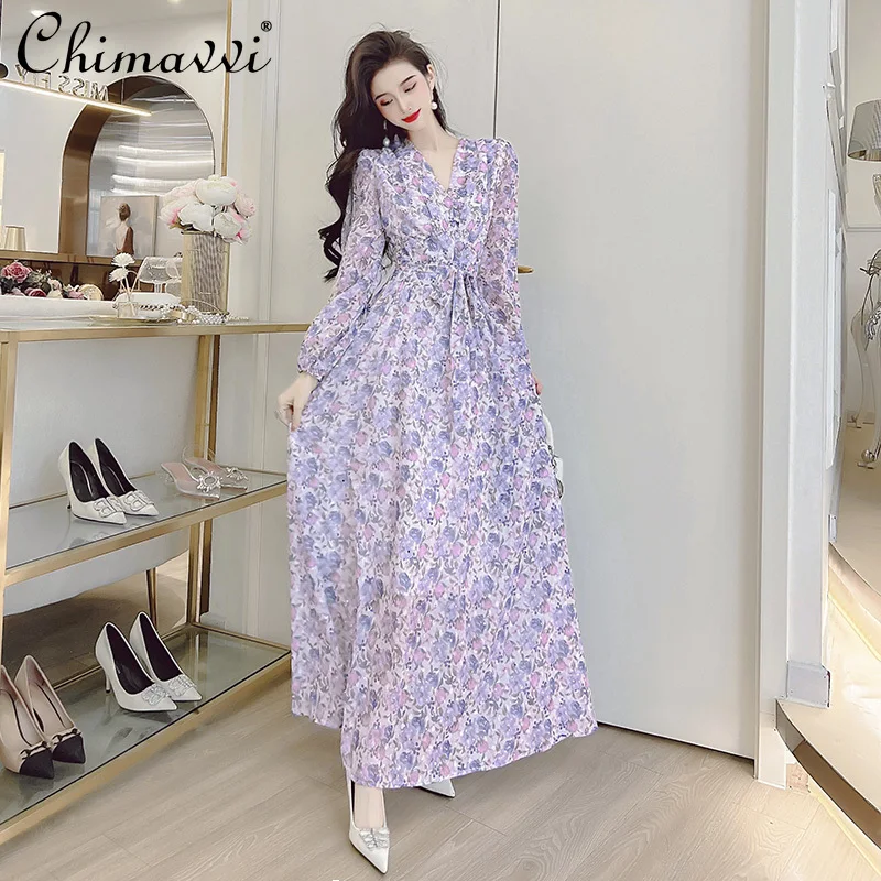 

Fashionable Floral Feminine Dresses Spring 2022 New Temperament Long Sleeve Tight Waist Slimming Lace-up Long Dress for Women