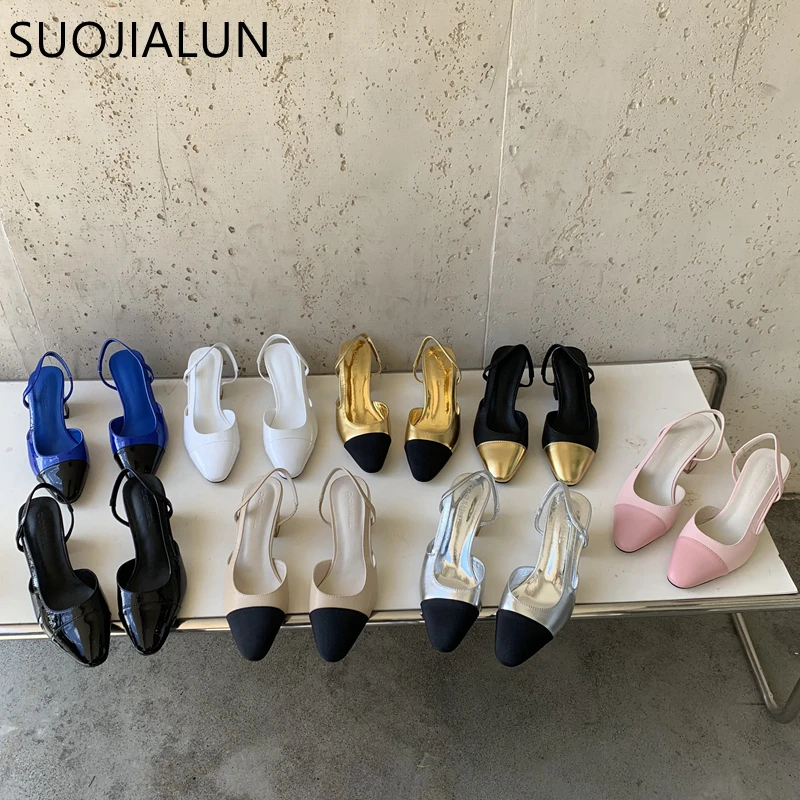 

SUOJIALUN Spring New Brand Women Sandal Fashion Mix Color Ladies Elegant Slingback Mules Square High Heel Outdoor Dress Pumps