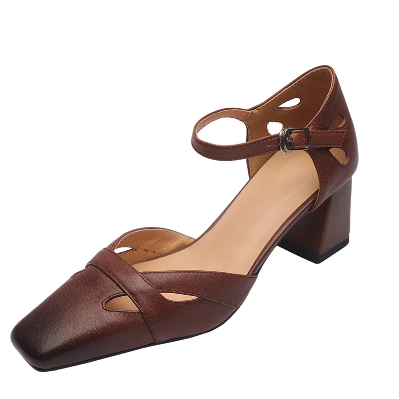 

Genuine Leather Closed Toe Sandals Summer Chunky Heeled Sandal Retro Ladies Apricot Brown Ankle Strap Party Shoes Plus Size 43