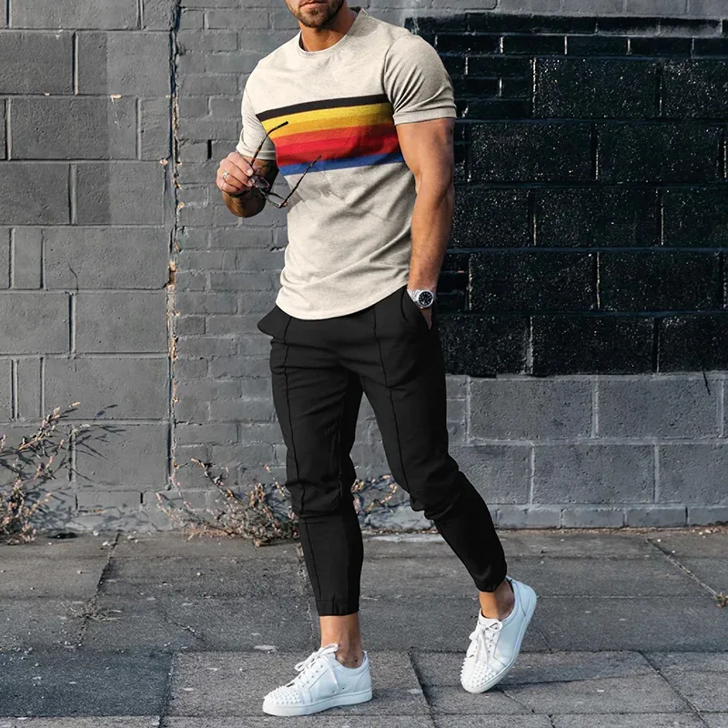 Summer New Men's Tshirt Trousers Two-Piece Set Male 3D Printed Striped Suit Fashion Streetwear Outfits Casual Clothing Oversized