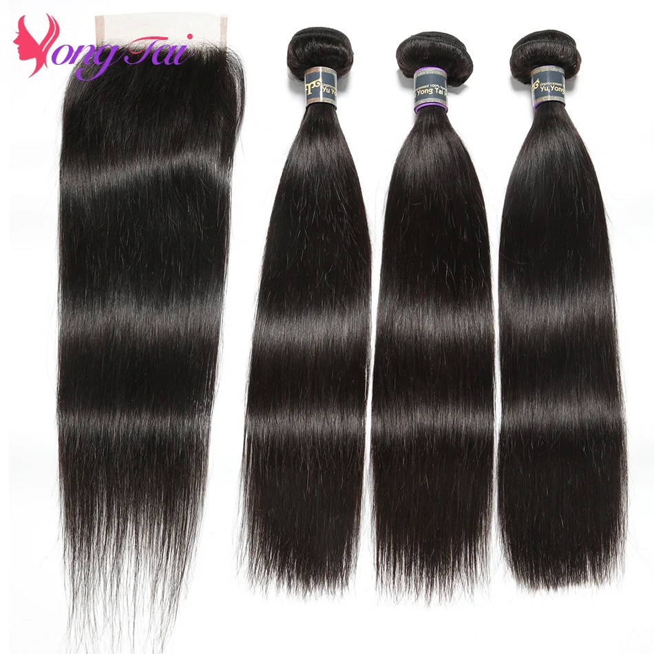 YuYongtai Brazilian Hair Weave Three Bundles With Lace Closure Straight Human Hair Woman Extensions Black Natural Non Remy Hair