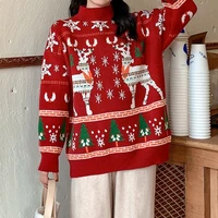 2022 new fashion deer snowflake pattern pullover long sleeve red knitted sweater ladies christmas sweater