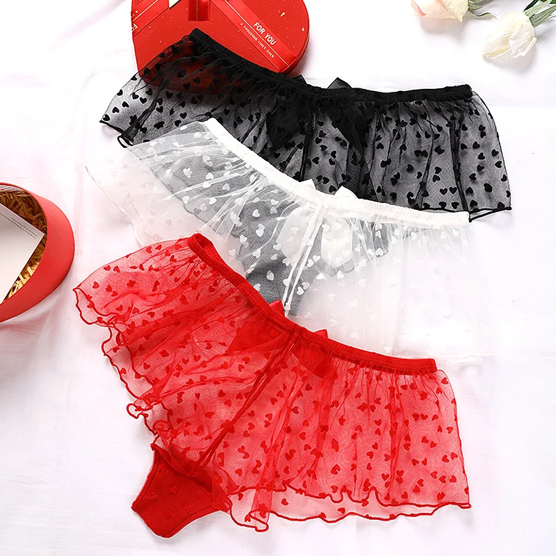 

Bowknot Mesh Transparent Sexy Women's Underwear Black Lace Ruffle Invisible Boyshort Panties Cotton Crotch Erotic Boxer Briefs