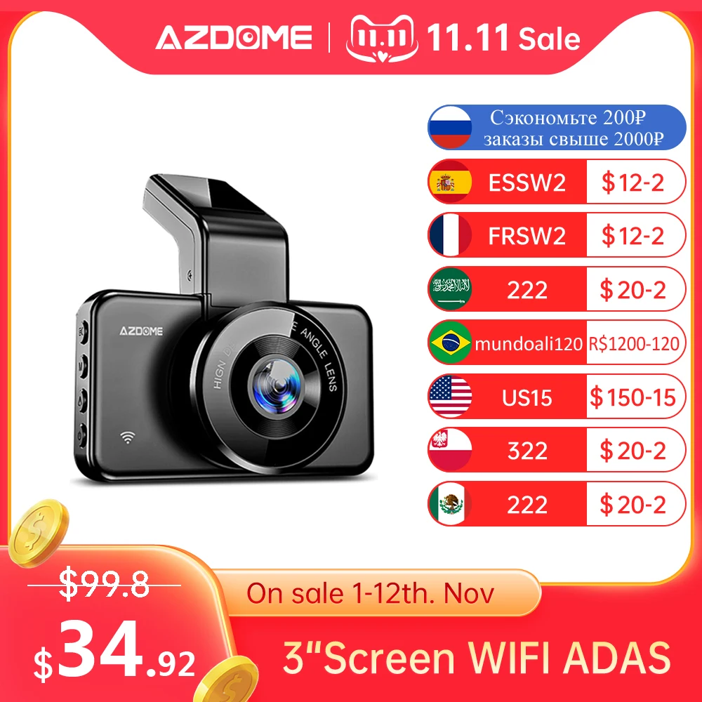 

AZDOME M17 Dash Cam FHD 1080P (Free 64G TF) WiFi Car DVR 3inch IPS Screen ADAS Car Recorder Dashcam Night Vision Parking Monitor