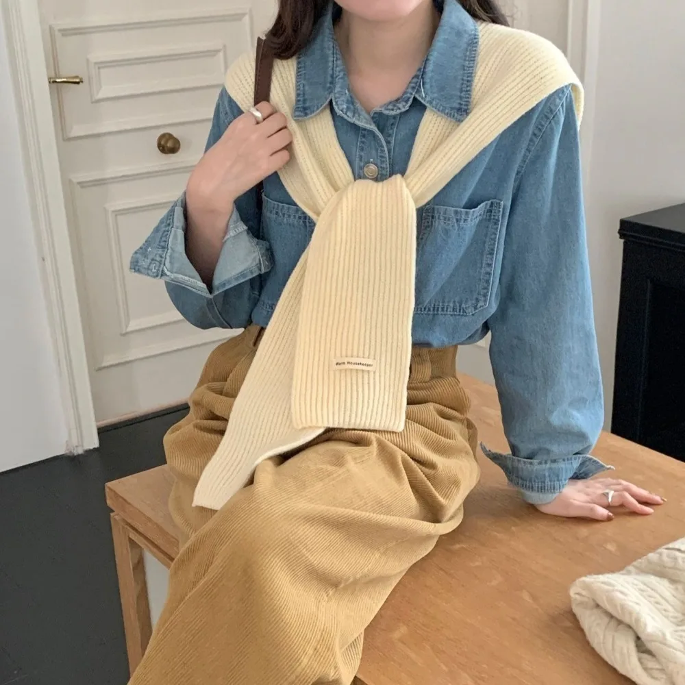 Вязаная шаль в стиле ретро однотонный шарф защита шеи накидка накладной воротник