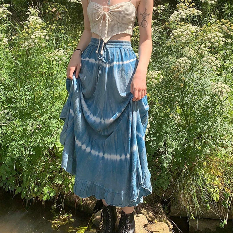 

Chic Women Retro High Waist Pleated Skirt Y2K Fairycore Tie Dye Midi Skirts Harajuku Korean Fashion Vintage Holiday Streetwear