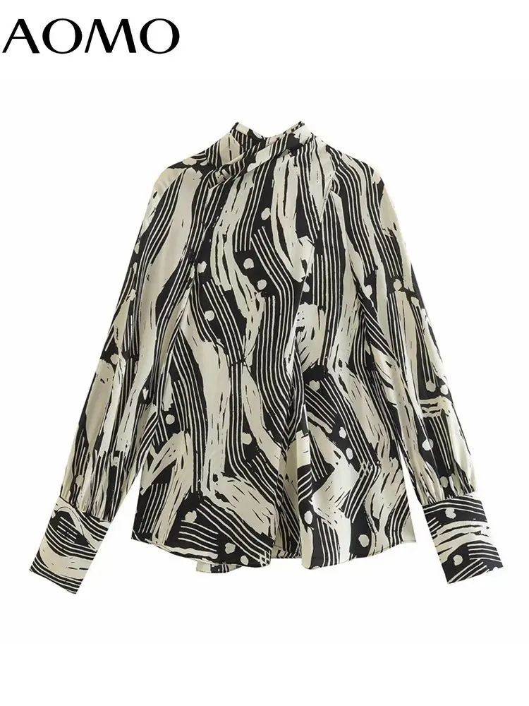 

AOMO Women 2022 Print Back Bow Shirts Vintage Long Sleeve Female Blouses 4M173A