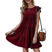 2022 european and american summer solid color round neck short sleeved dress casual cake skirt pleated skirt summer dress women