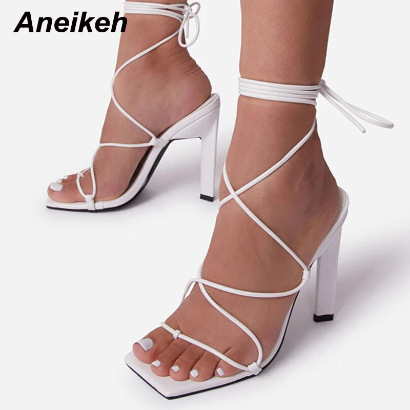 

Aneikeh Sexy PU Narrow Band Women Sandals Ankle Strappy Cross Tied Thin High Heel Party Shoes Fashion Pinch Toe Pumps Summer NEW