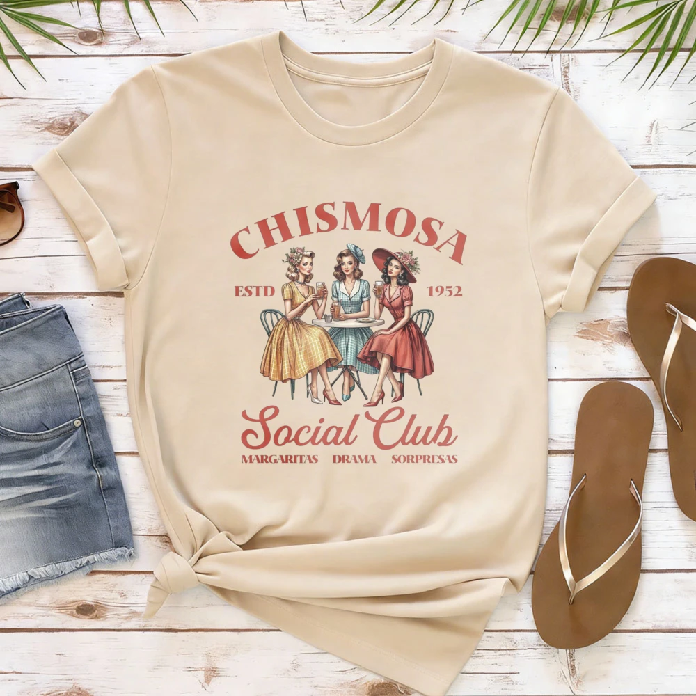 Фото Футболка Chismosa Social Club: Забавный подарок для латиноамериканок, модная хиспанская футболка, ретро-футболка для женщин в мексиканском стиле, повседневные женские рубашки №4