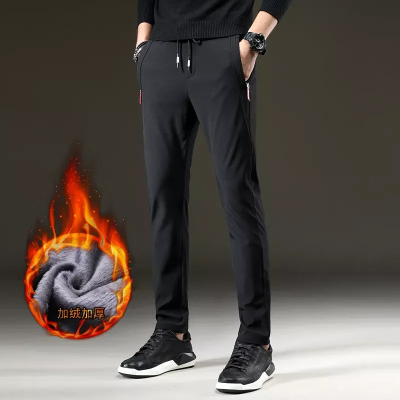 

Mens Winter Fleece warm Pants men Korean Casual Slacks Slim Warm thick Pants for men fashion Black gray blue Trousers male