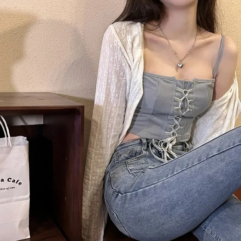 2024 Белый Летний кардиган на завязках женская сексуальная прозрачная блузка с