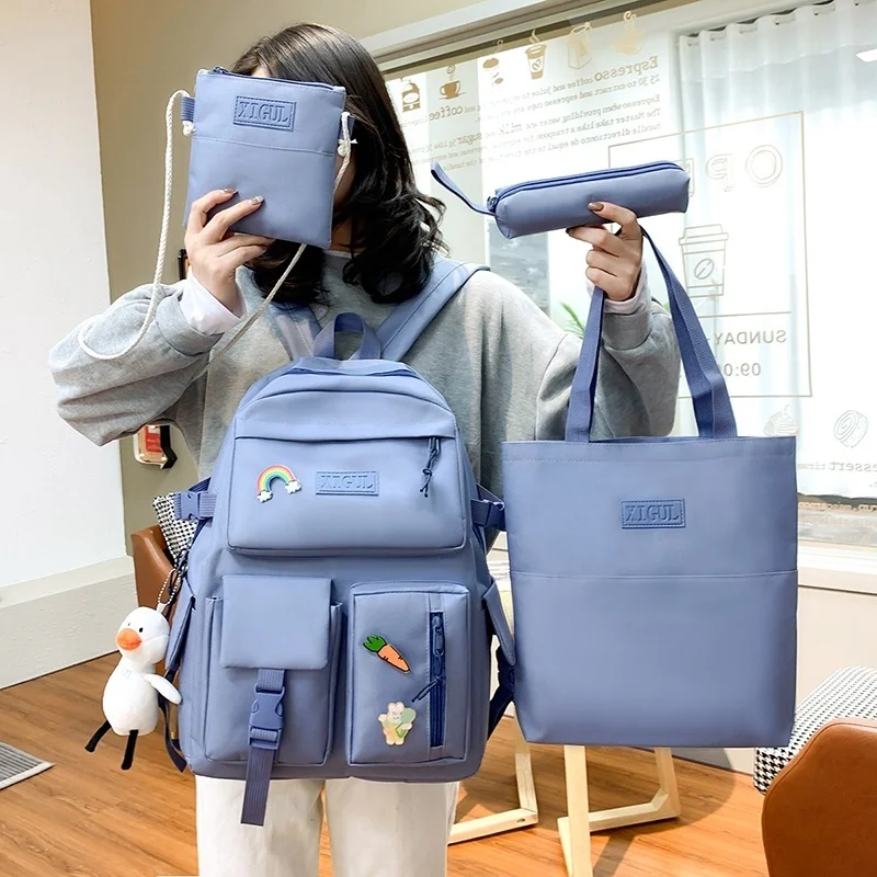 

Tas punggung sekolah kanvas untuk remaja wanita, 4 buah/set tas ransel Laptop pelajar kuliah wanita dasar kanvas