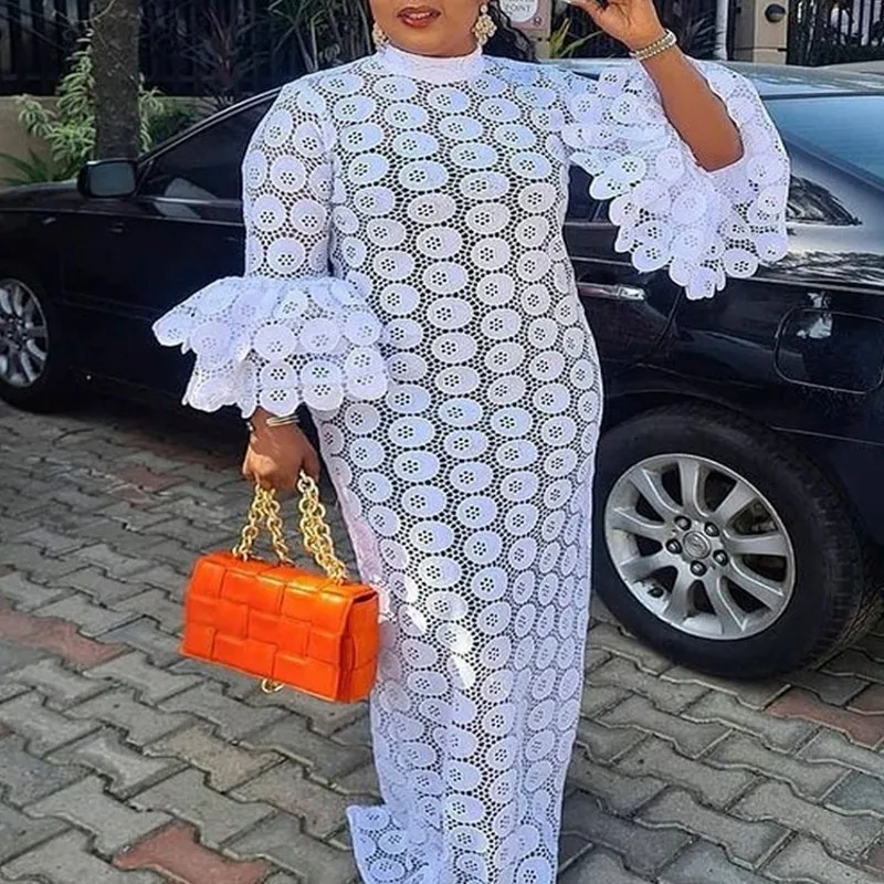 

Lace White African Dresses For Women 2022 Spring Fashion Long Sleeve Maxi Dresses Elegant Party Ankara Robes African Clothing