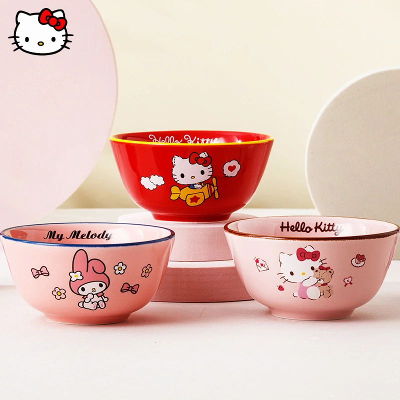 

Sanrio Hello Kitty Kuromi My Melody Cartoon Children's Tableware Kawaii Ceramic Heat-resistant Anti-scalding Personality Bowl