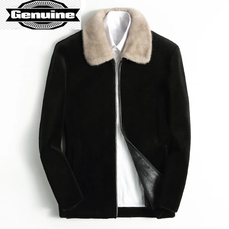 Coat Autumn Winter Real Fur Men Sheep Shearing 100% Wool Jacket Mink Fur Collar Korean Abrigo Hombre KFS13M203-1-J J3333