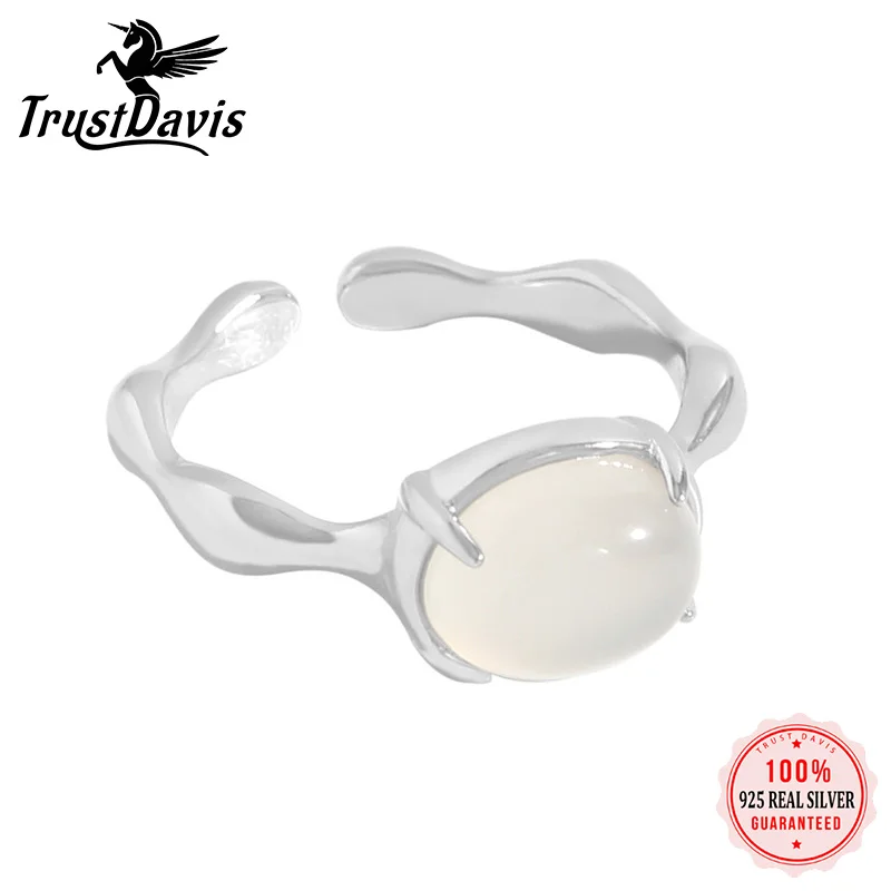 

TrustDavis New 925 Sterling Silver Gemstone Open Ring Minimalist Agate Opening Rings for Women Girl Wedding Fine Jewelry DLG017