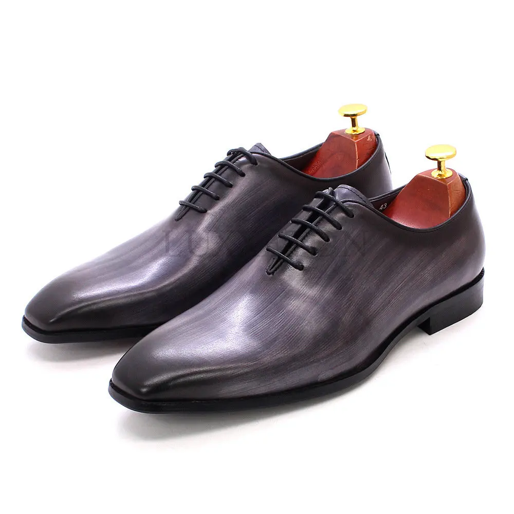 Size 47 Mens Oxford Dress Shoes Leather Gray Brown Handmade Whole Cut Oxfords Men Shoes Wedding Formal Shoes for Men