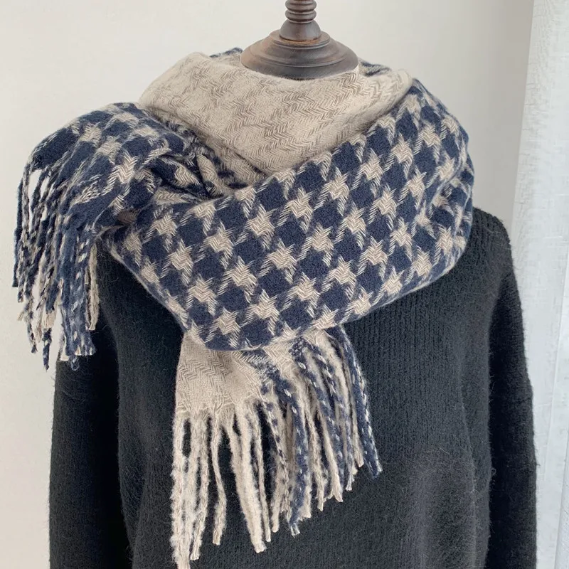 

Women Thick Warm Scarf Luxury Winter Houndstooth Tassels Wool Knitted Cashmere Ins Scarves Female College Leisure Shawl Wraps