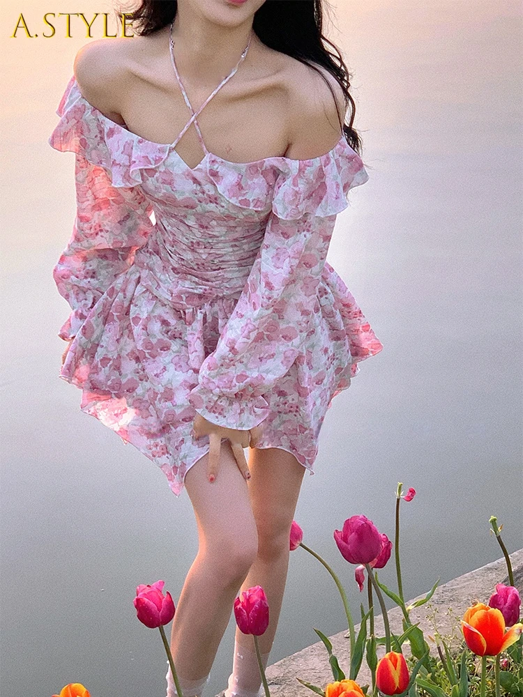 

A GIRLS Off Shoulder Floral Y2k Mini Dress Woman French Elegnat Short Party Dress 2022 Summer Casual Sweet Sexy One Piece Dress