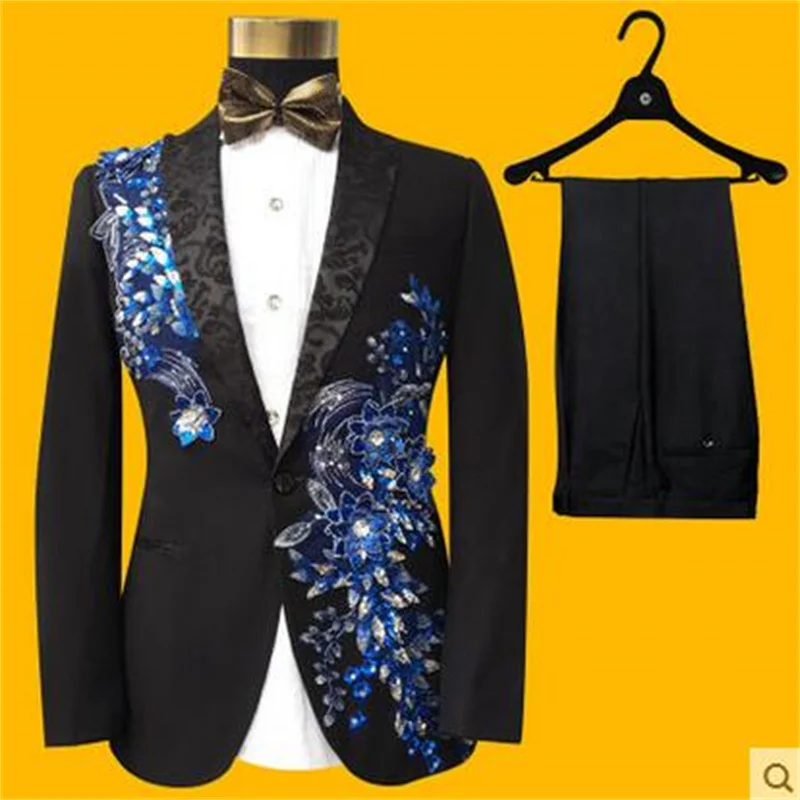 

Singer star style dance stage clothing for men embroidered suit set with pants mens wedding suits groom formal dress black