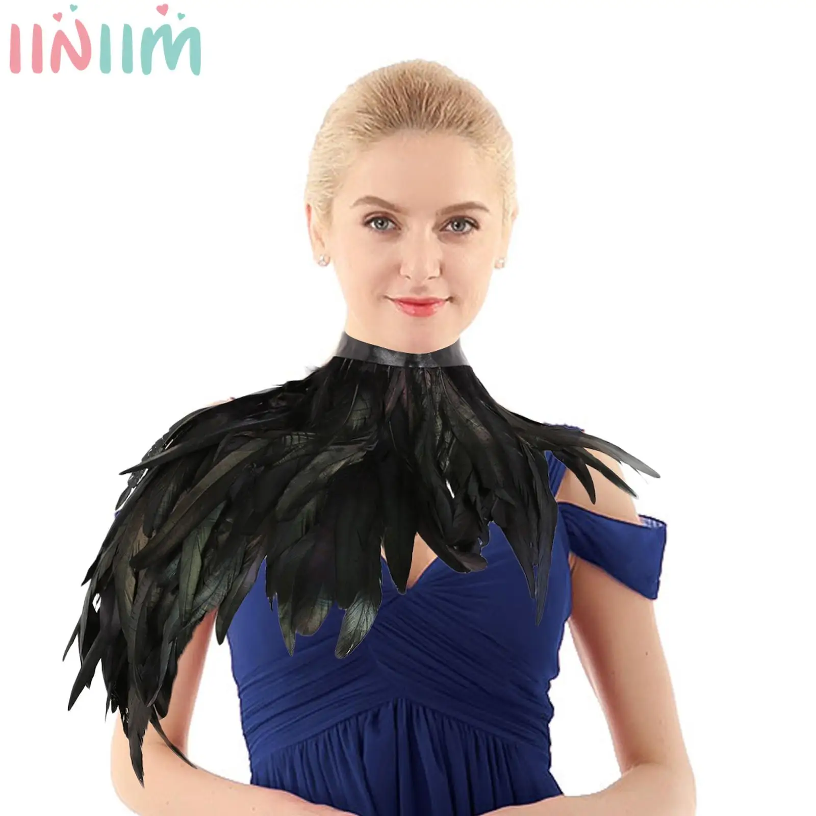 

Adult Punk Gothic Natural Dyed Rooster Feather Cape Shawl Shoulder Black Devils Wings Choker Collar for Cosplay Party Halloween