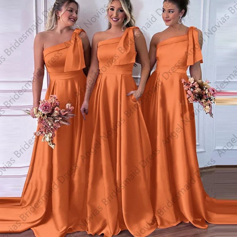 Длинные оранжевые платья подружки невесты по индивидуальному заказу с карманами