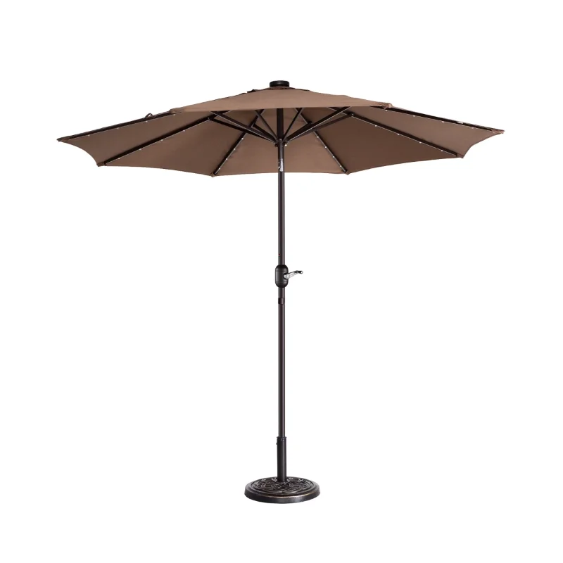 

9' LED Lighted Outdoor Patio Umbrella with 8 Steel Ribs and Push Button Tilt, Solar Powered Market Umbrella, Brown