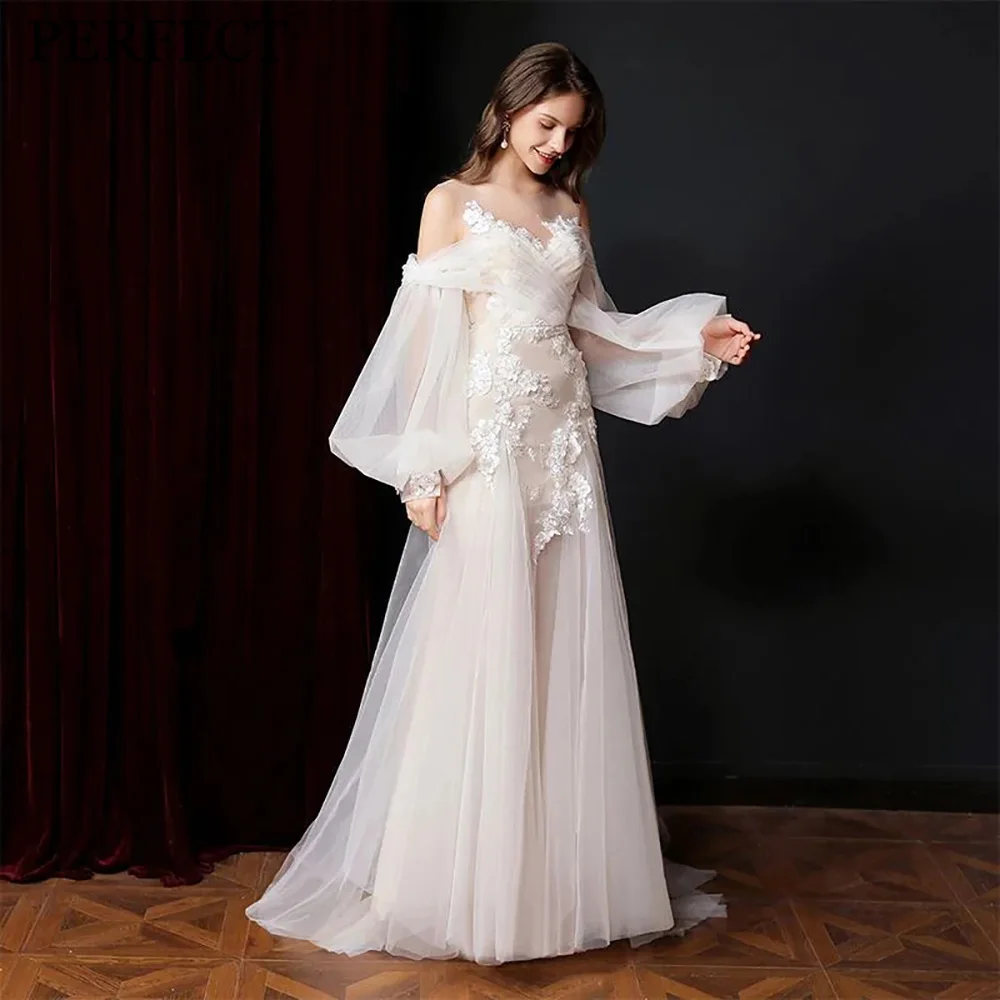 

PERFECT Elegant Wedding Dresses For Woman A-line Sweetheart Puff Sleeves Appliques Open Back Tulle Stunning Robe De Mariée