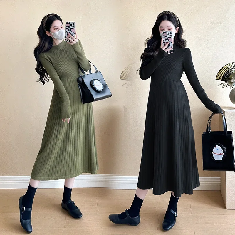 Модное утягивающее вязаное платье для беременных 2024 новый стиль средней длины