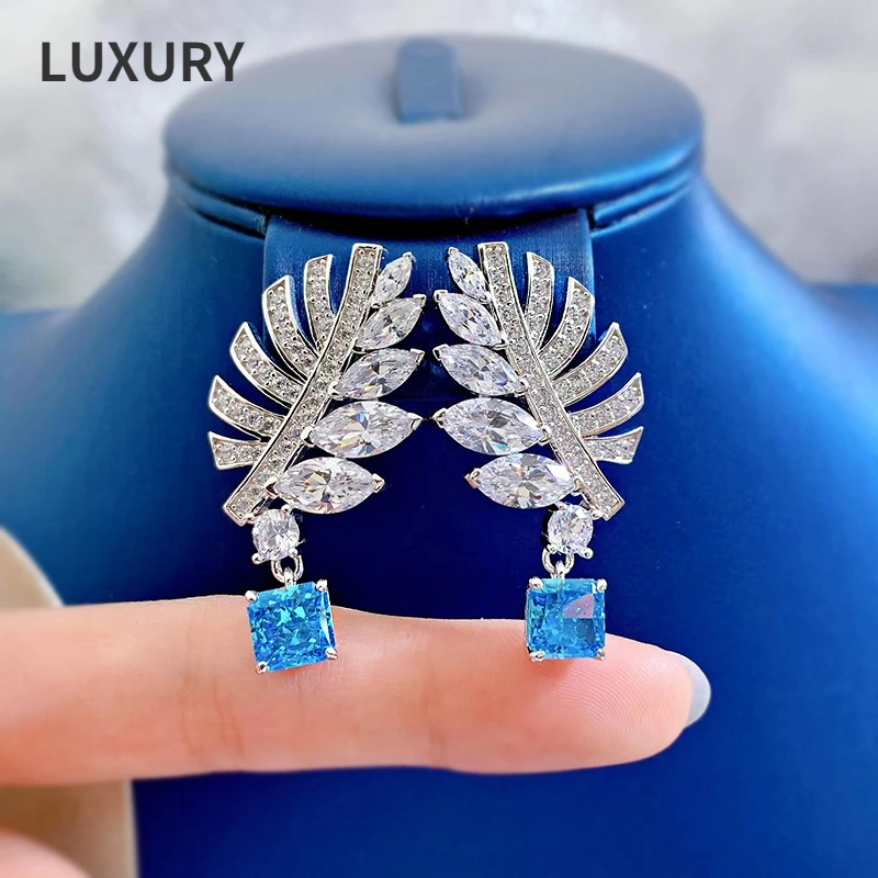 Luxury 925 Sterling Silver High Carbon Diamond  Hand Inlaid 7*7 Aquamarine Princess Feather Earrings