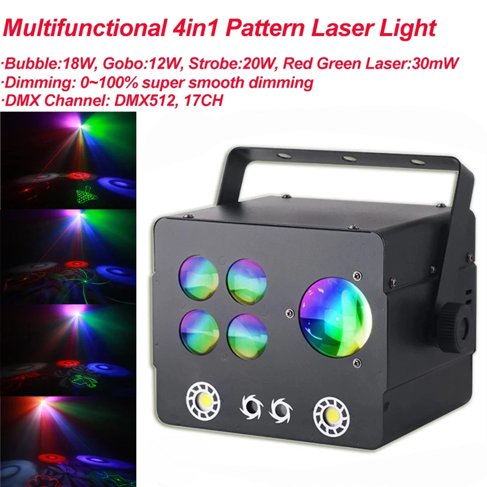 

4in1 LED Stage Projector Sound Activated Strobe Pattern Laser Projector DMX Stage Lighting Effect DJ Disco Party Holiday Wedding